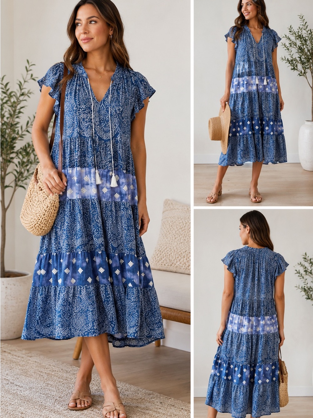 VOY Blue Boho Midi Dress Tiered Paisley Tassel Tie Flutter Sleeve Dress Small